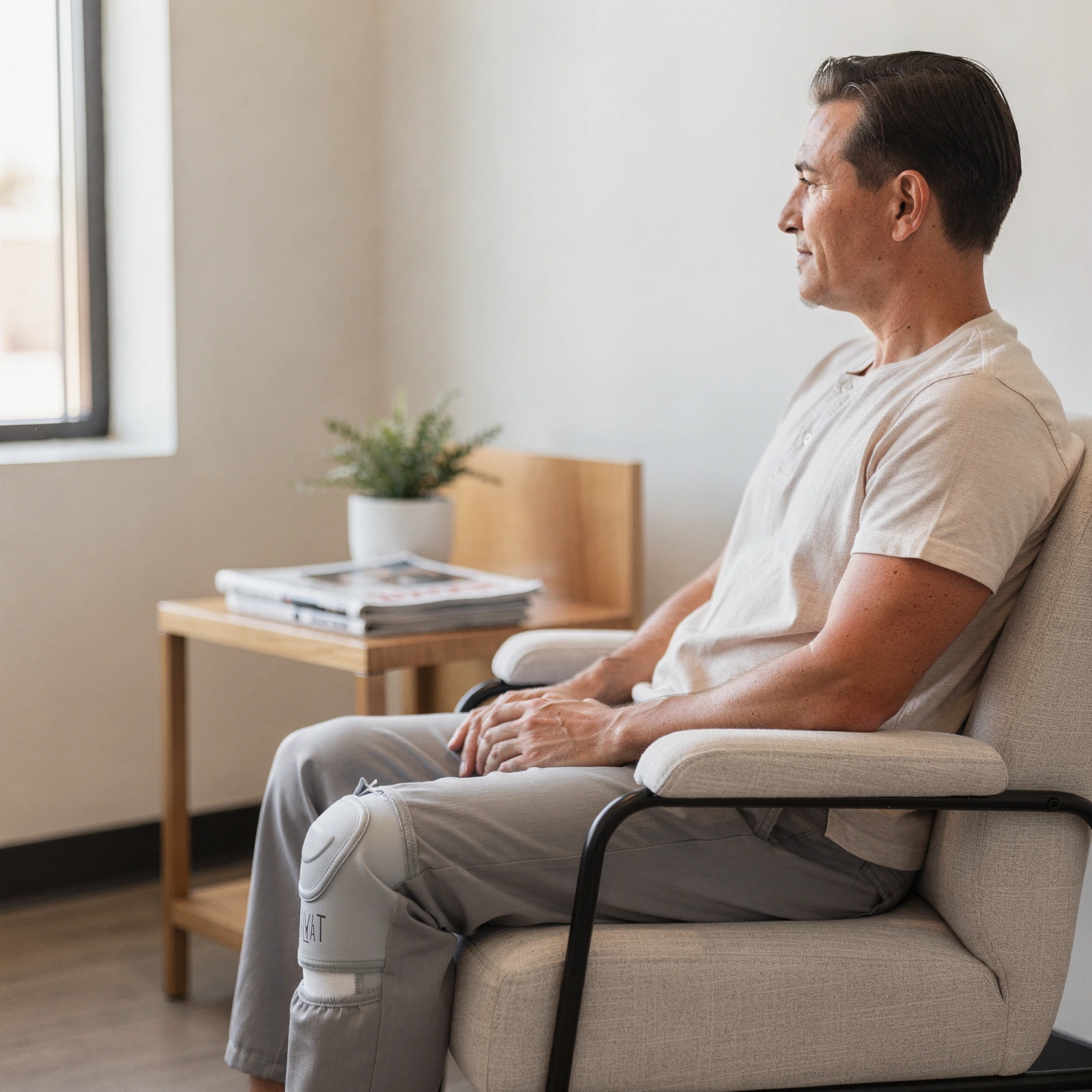 Patient wearing a knee brace sitting in a waiting room chair